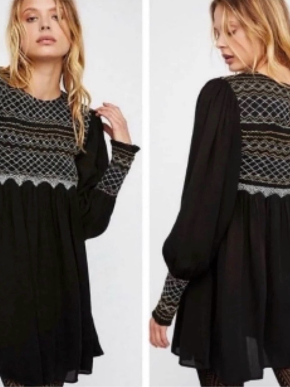Free People Late Night Picnic Smocked Long Sleeve Mini Dress size small